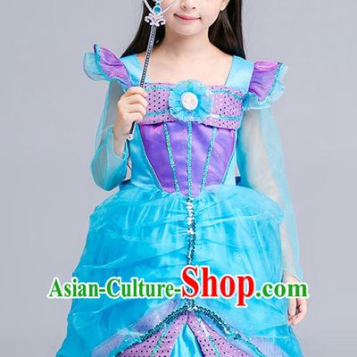Top Grade Halloween Costumes Stage Performance Princess Blue Full Dress Children Modern Dance Clothing for Kids