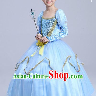 Top Grade Halloween Costumes Stage Performance Princess Blue Bubble Full Dress Children Modern Dance Clothing for Kids
