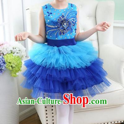 Top Grade Chorus Costumes Stage Performance Princess Crystal Blue Bubble Dress Children Modern Dance Clothing for Kids