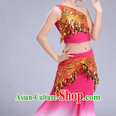 Chinese Traditional Folk Dance Costumes Pavane Dance Rosy Dress Children Classical Peacock Dance Clothing for Kids