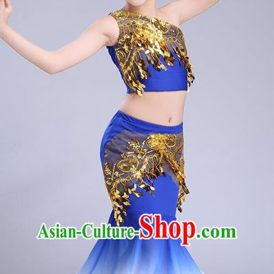 Chinese Traditional Folk Dance Costumes Pavane Dance Royalblue Dress Children Classical Peacock Dance Clothing for Kids