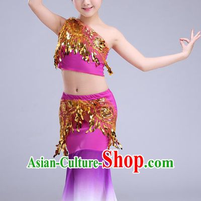 Chinese Traditional Folk Dance Costumes Pavane Dance Purple Dress Children Classical Peacock Dance Clothing for Kids