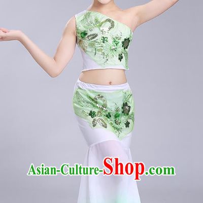 Chinese Traditional Folk Dance Costumes Dai Nationality Pavane Green Dress Children Classical Peacock Dance Clothing for Kids