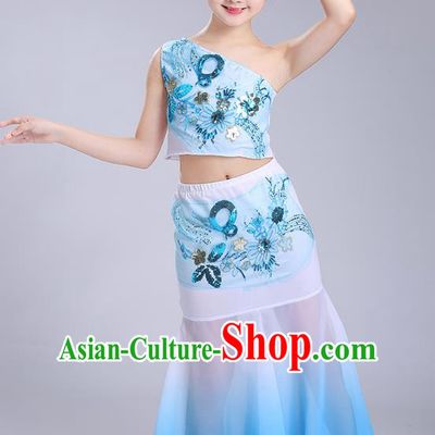 Chinese Traditional Folk Dance Costumes Dai Nationality Pavane Blue Dress Children Classical Peacock Dance Clothing for Kids