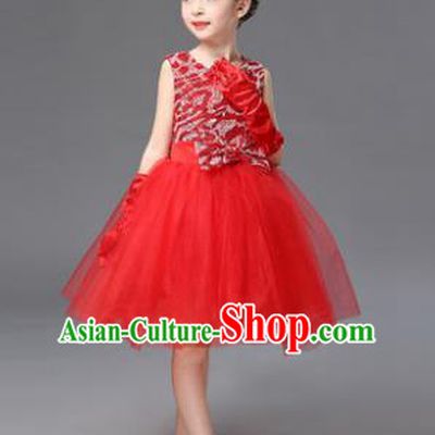 Top Grade Princess Red Bubble Dress Stage Performance Chorus Costumes Children Modern Dance Clothing for Kids