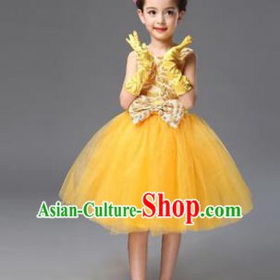 Top Grade Princess Yellow Bubble Dress Stage Performance Chorus Costumes Children Modern Dance Clothing for Kids