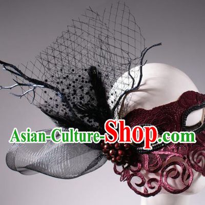 Halloween Fancy Ball Props Exaggerated Wine Red Lace Face Mask Stage Performance Accessories Christmas Mysterious Masks