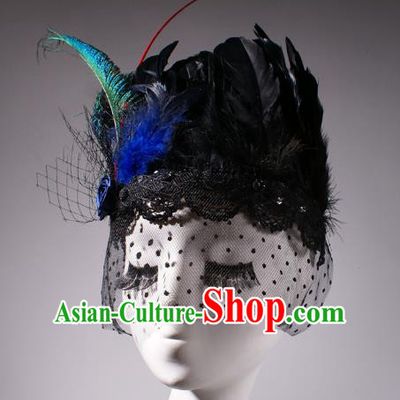 Top Grade Halloween Hair Accessories Stage Performance Modern Fancywork Headwear Black Feather Headdress