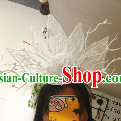 Top Grade Catwalks Hair Accessories Halloween Stage Performance White Flowers Lace Hair Clasp Modern Fancywork Headwear