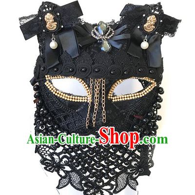 Halloween Catwalks Venice Face Mask Fancy Ball Black Beads Lace Masks Christmas Exaggerated Feather Masks