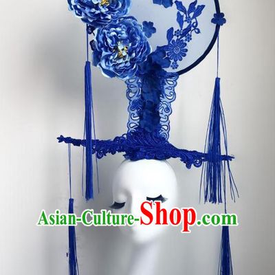 Top Grade Chinese Traditional Catwalks Hair Accessories Exaggerated Palace Blue Peony Headdress Halloween Modern Fancywork Headwear