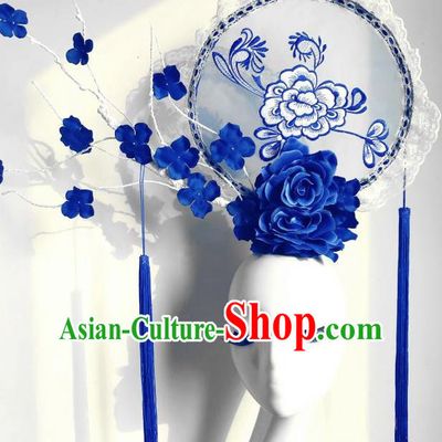 Top Grade Chinese Traditional Catwalks Hair Accessories Exaggerated Palace Blue Peony Embroidered Headdress Halloween Modern Fancywork Headwear