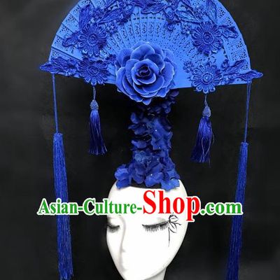 Top Grade Chinese Traditional Catwalks Hair Accessories Exaggerated Palace Blue Fan-Shape Headdress Halloween Modern Fancywork Headwear