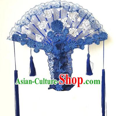 Top Grade Chinese Traditional Catwalks Hair Accessories Exaggerated Palace Pincess Blue Lace Headdress Halloween Modern Fancywork Headwear