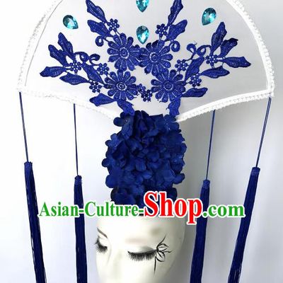 Top Grade Chinese Traditional Catwalks Hair Accessories Exaggerated Palace Pincess Blue Flowers Headdress Halloween Modern Fancywork Headwear