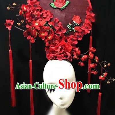 Top Grade Chinese Traditional Catwalks Hair Accessories Exaggerated Palace Pincess Red Peach Blossom Headdress Halloween Modern Fancywork Headwear