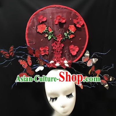 Top Grade Chinese Traditional Catwalks Hair Accessories Exaggerated Palace Pincess Red Butterfly Headdress Halloween Modern Fancywork Headwear