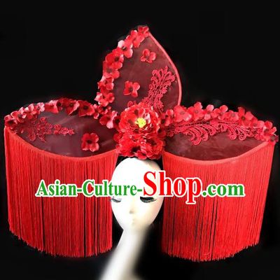 Top Grade Chinese Traditional Catwalks Hair Accessories Exaggerated Palace Pincess Red Tassel Headdress Halloween Modern Fancywork Headwear