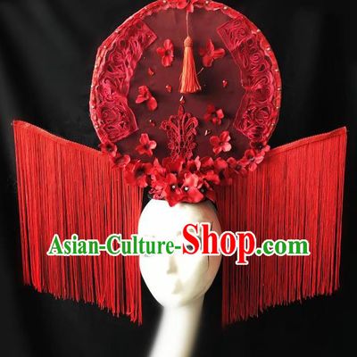 Top Grade Chinese Traditional Catwalks Hair Accessories Exaggerated Palace Pincess Red Lace Tassel Headdress Halloween Modern Fancywork Headwear