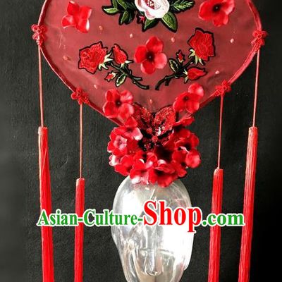 Top Grade Chinese Traditional Catwalks Hair Accessories Exaggerated Palace Pincess Red Embroidered Headdress Halloween Modern Fancywork Headwear