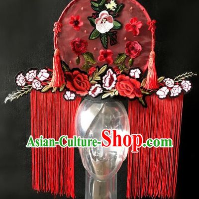 Top Grade Chinese Traditional Catwalks Tassel Hair Accessories Exaggerated Palace Pincess Red Embroidered Flowers Headdress Halloween Modern Fancywork Headwear