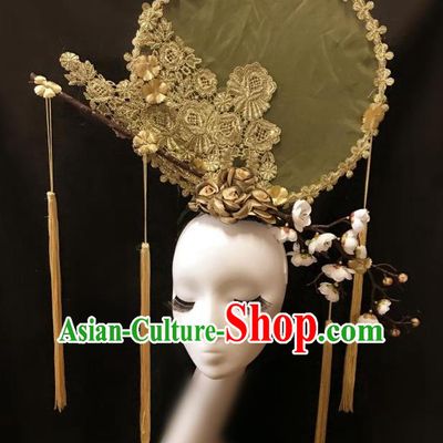 Top Grade Catwalks Tassel Hair Accessories Exaggerated Chinese Traditional Golden Lace Headdress Modern Fancywork Headwear