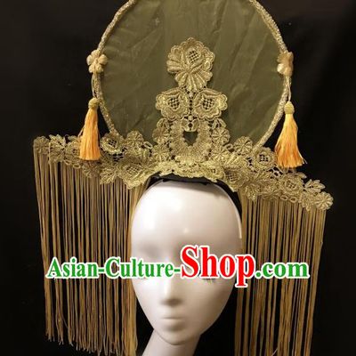 Top Grade Catwalks Tassel Hair Accessories Exaggerated Chinese Traditional Golden Tassel Headdress Modern Fancywork Headwear