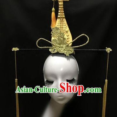 Top Grade Catwalks Tassel Hair Accessories Exaggerated Chinese Traditional Golden Lute Headdress Modern Fancywork Headwear