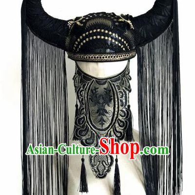 Top Grade Catwalks Hair Accessories Exaggerated Black Tassel Ox Horn Hats Modern Fancywork Headwear
