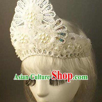 Top Grade Catwalks Hair Accessories White Lace Pearls Royal Crown Halloween Modern Fancywork Headwear