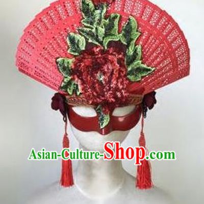 Top Grade Chinese Traditional Catwalks Embroidered Red Hair Accessories Exaggerated Halloween Modern Fancywork Wedding Headwear