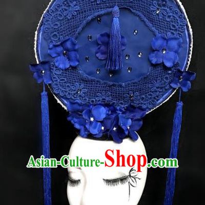 Top Grade Chinese Catwalks Hair Accessories Blue Lace Headdress Exaggerated Halloween Modern Fancywork Headwear