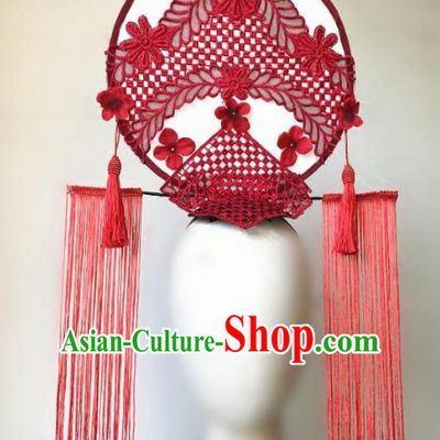 Top Grade Catwalks Hair Accessories Exaggerated Chinese Red Flowers Hair Clasp Modern Fancywork Headwear