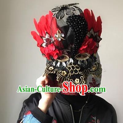 Halloween Handmade Red Feather Face Mask Fancy Ball Catwalks Masks Christmas Exaggerated Feather Masks