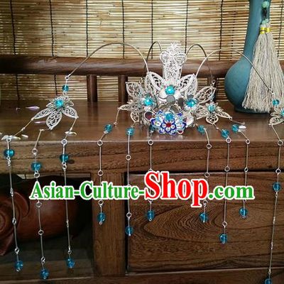 China Ancient Hair Accessories Hanfu Blue Beads Tassel Phoenix Coronet Chinese Traditional Hairpins for Women