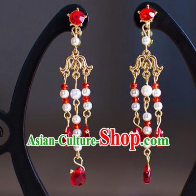 Chinese Ancient Bride Classical Accessories Red Beads Earrings Wedding Jewelry Hanfu Eardrop for Women