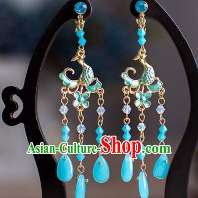Chinese Ancient Bride Classical Accessories Blue Earrings Wedding Jewelry Hanfu Eardrop for Women