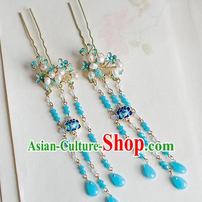 Chinese Traditional Palace Hair Accessories Xiuhe Suit Blueing Lotus Tassel Hair Clips Ancient Hairpins for Women