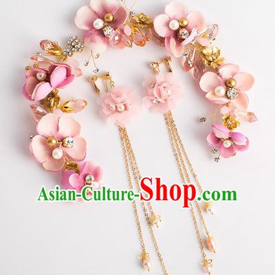 Bride Hair Accessories Wedding Pink Flowers Hair Clasp Garland for Women