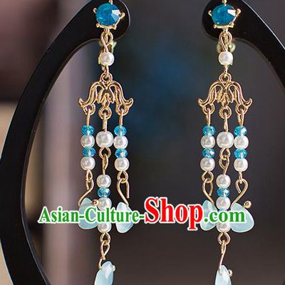 Chinese Ancient Bride Classical Accessories Earrings Wedding Jewelry Hanfu Blue Eardrop for Women
