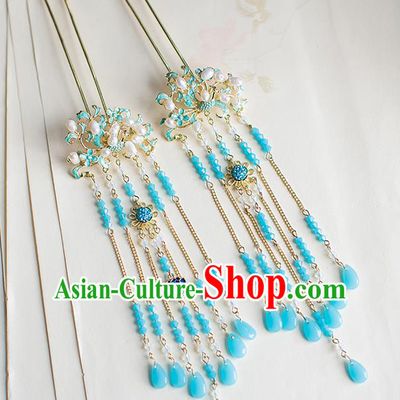 Chinese Traditional Palace Hair Accessories Xiuhe Suit Blueing Lotus Pearls Hair Clips Ancient Hairpins for Women