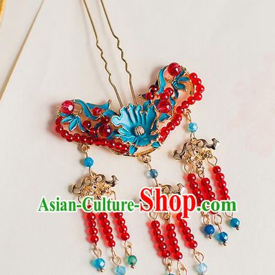 Chinese Traditional Palace Hair Accessories Xiuhe Suit Red Beads Tassel Hair Clips Ancient Hairpins for Women