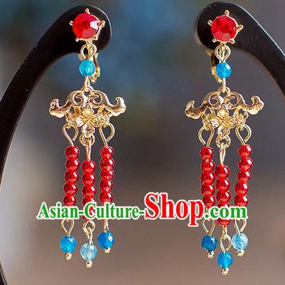 Chinese Ancient Bride Classical Accessories Earrings Wedding Jewelry Hanfu Red Beads Tassel Eardrop for Women