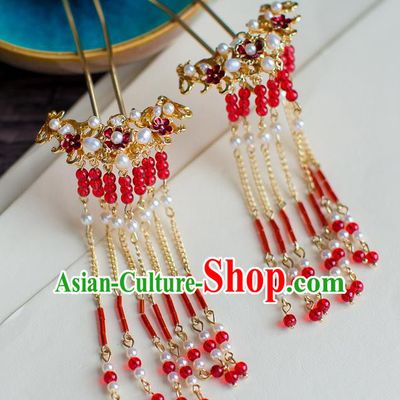 Chinese Traditional Palace Hair Accessories Xiuhe Suit Red Tassel Hair Clips Ancient Hairpins for Women