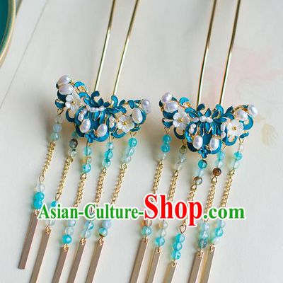 Chinese Traditional Palace Hair Accessories Xiuhe Suit Blue Lotus Hair Clips Ancient Hairpins for Women