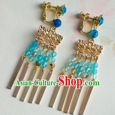 Chinese Ancient Bride Classical Accessories Earrings Wedding Jewelry Hanfu Blue Beads Tassel Eardrop for Women