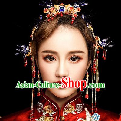 Chinese Traditional Wedding Hair Accessories Ancient Bride Tassel Hairpins Xiuhe Suit Phoenix Coronet Headwear for Women