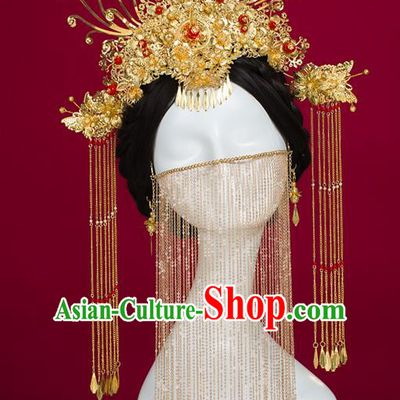 Chinese Traditional Wedding Accessories Golden Tassel Masks Headgear Xiuhe Suit Headwear for Women