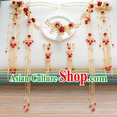 Chinese Traditional Wedding Hair Accessories Ancient Bride Red Phoenix Coronet Hairpins Headwear for Women
