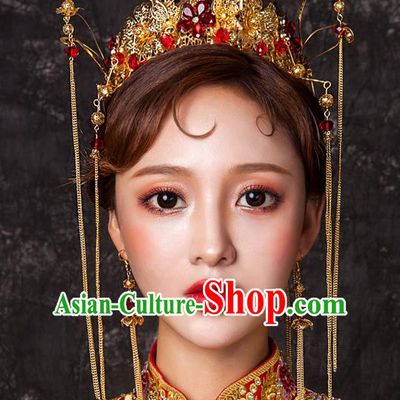 Chinese Traditional Wedding Hair Accessories Tassel Phoenix Coronet Ancient Xiuhe Suit Bride Hairpins Complete Set for Women